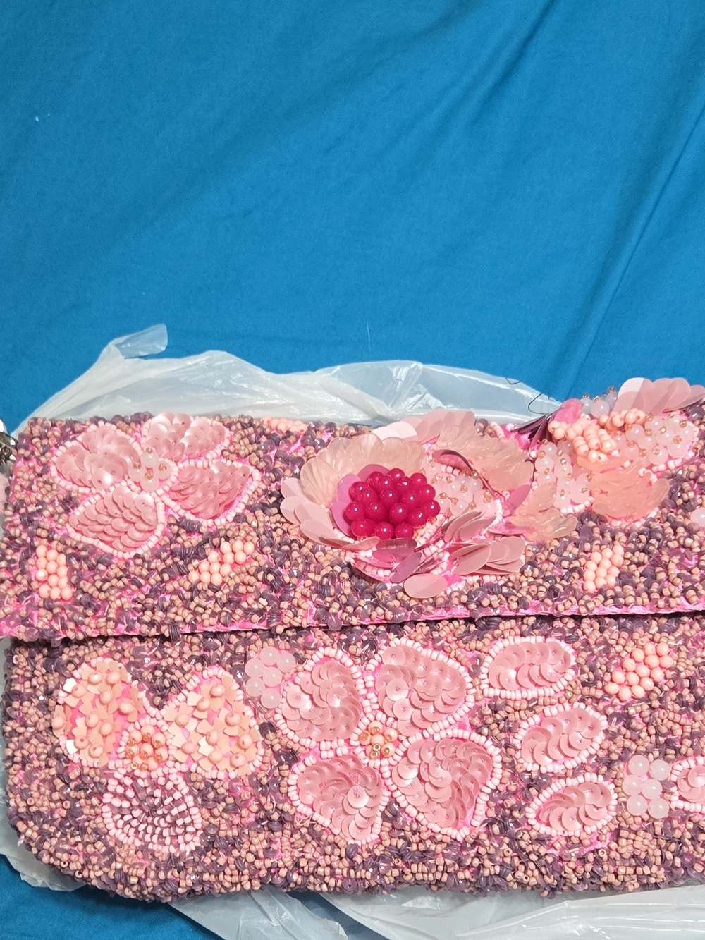 Pink Floral Sequin Beaded Clutch - Elegant Evening Wristlet
